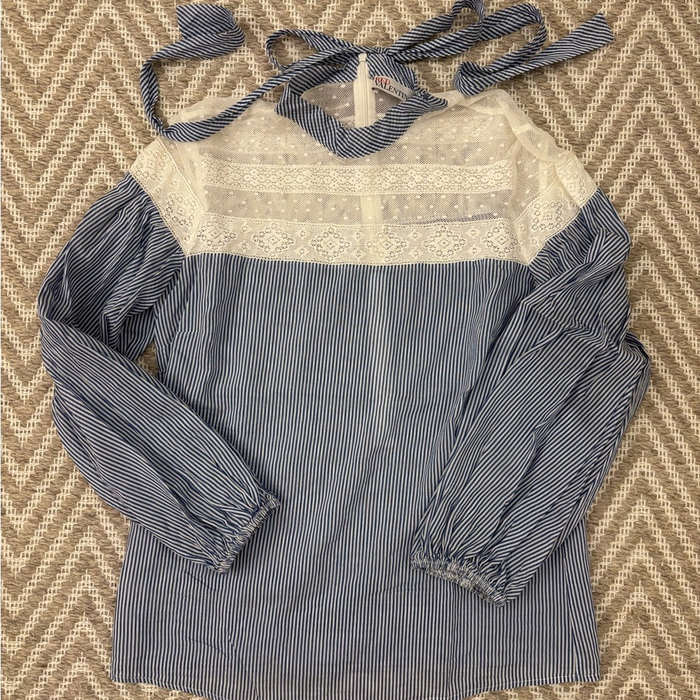 Red Valentino Cotton Silk Blue White Pinstripe & Lace Blouse